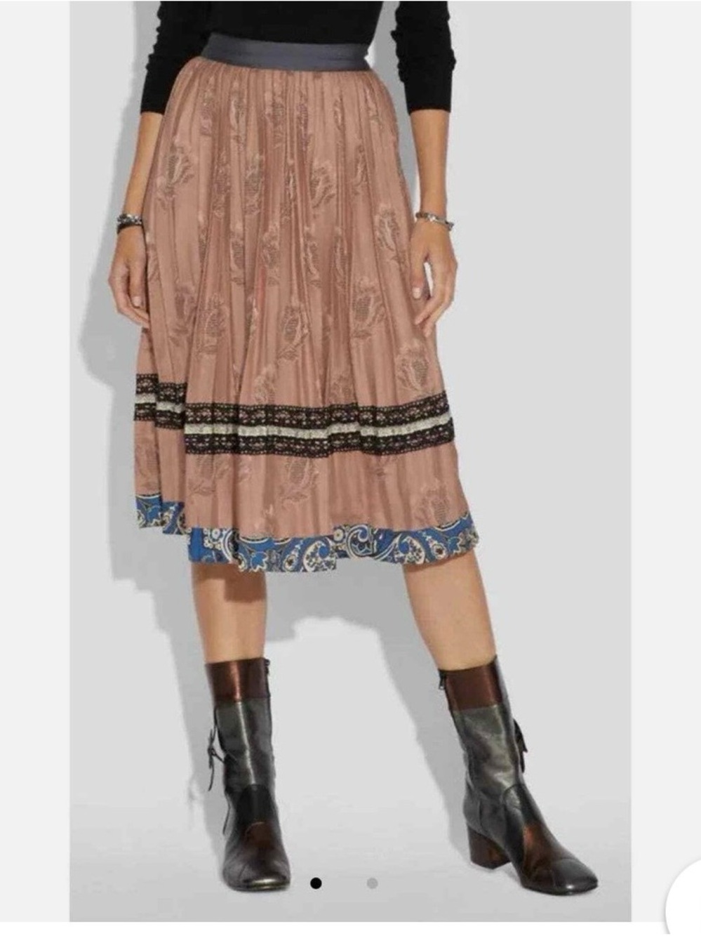 Coach Dusty Rose Pleated Midi Skirt with Blue Paisley Hem